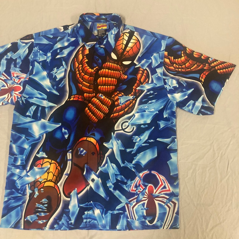 Vintage 2001 Marvel Comics Spider-Man Button Down Shirt XL Blue Shattered Glass - Picture 2 of 13